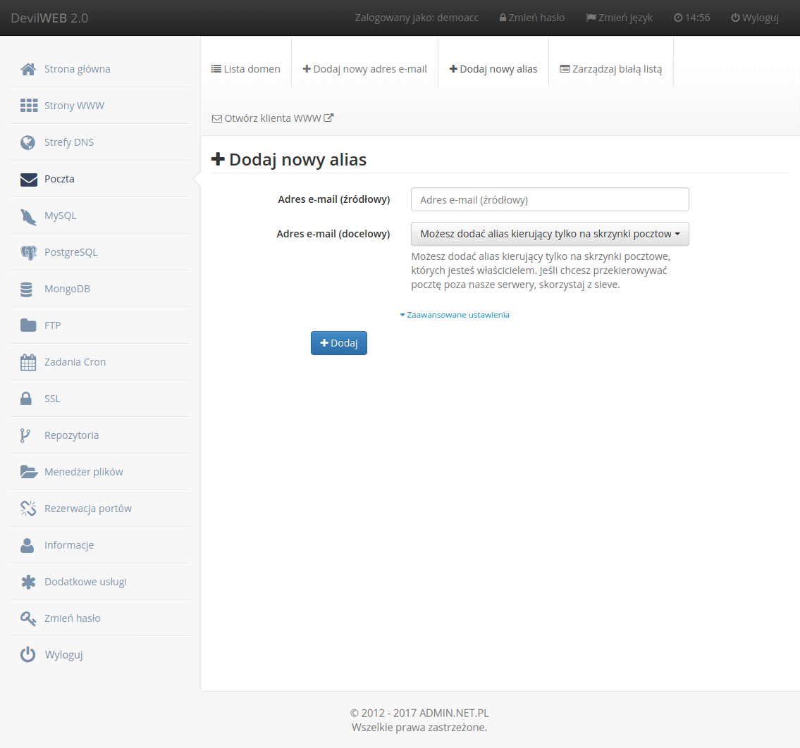 Formularz dodawania aliasu pocztowego