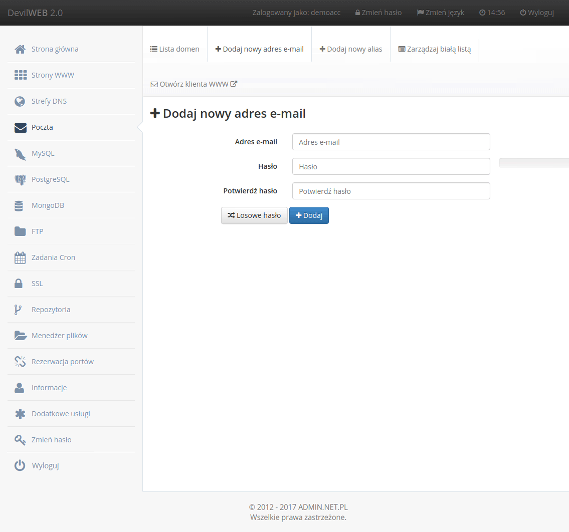 Formularz dodawania konta pocztowego