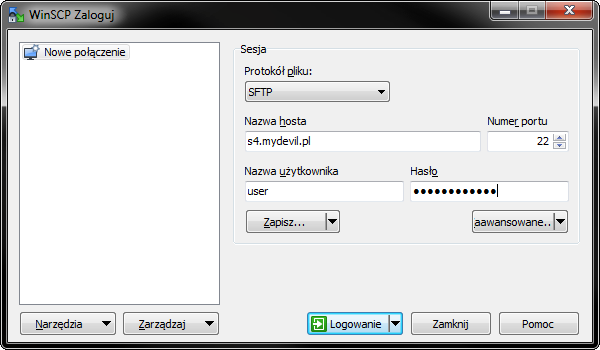 Ekran logowania WinSCP